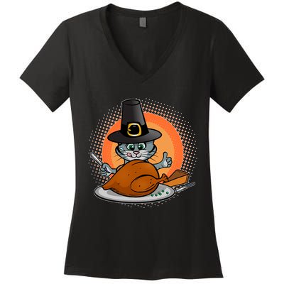 Cute Thanksgiving Happy Kitty Turkey Dinner Women's V-Neck T-Shirt