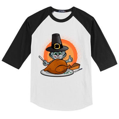 Cute Thanksgiving Happy Kitty Turkey Dinner Kids Colorblock Raglan Jersey