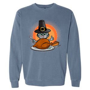 Cute Thanksgiving Happy Kitty Turkey Dinner Garment-Dyed Sweatshirt