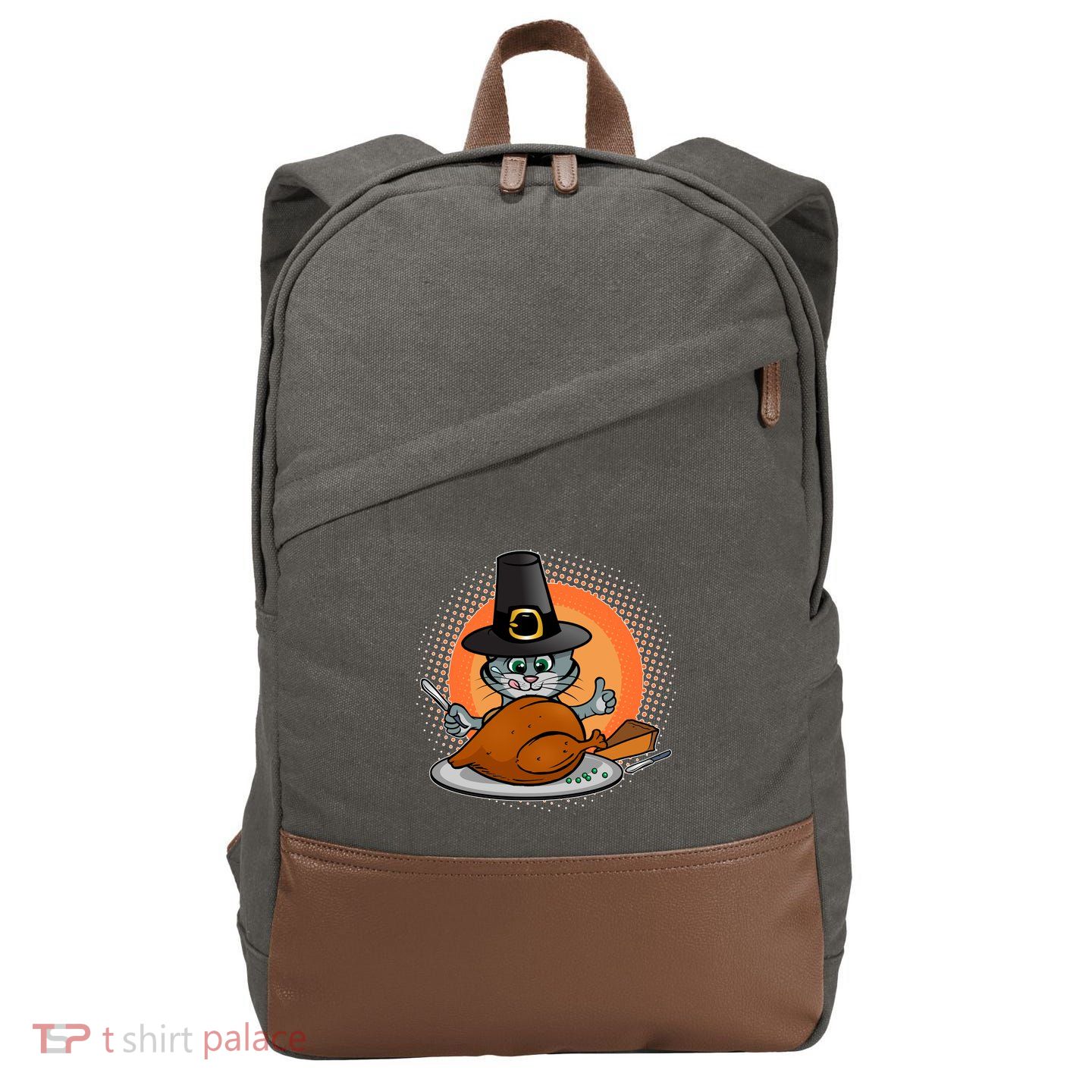 Cute Thanksgiving Happy Kitty Turkey Dinner Cotton Canvas Backpack