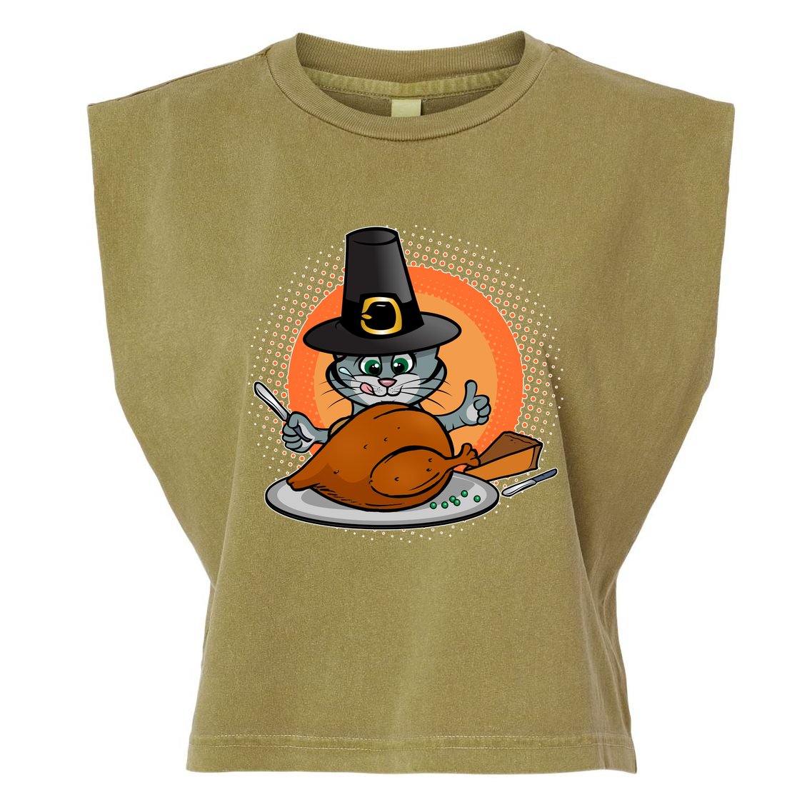 Cute Thanksgiving Happy Kitty Turkey Dinner Garment-Dyed Women's Muscle Tee
