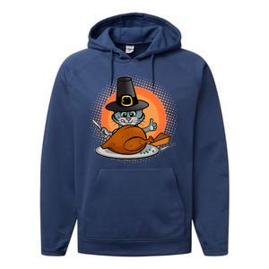 Cute Thanksgiving Happy Kitty Turkey Dinner Performance Fleece Hoodie