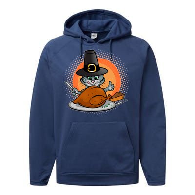 Cute Thanksgiving Happy Kitty Turkey Dinner Performance Fleece Hoodie