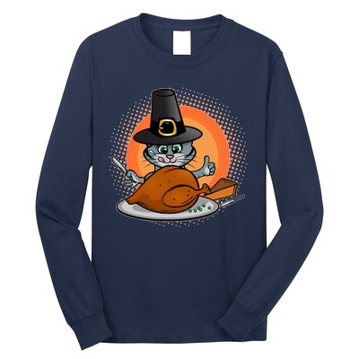 Cute Thanksgiving Happy Kitty Turkey Dinner Long Sleeve Shirt