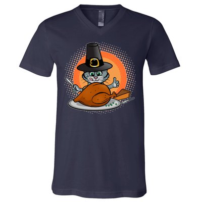 Cute Thanksgiving Happy Kitty Turkey Dinner V-Neck T-Shirt