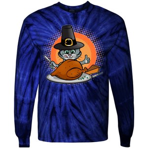 Cute Thanksgiving Happy Kitty Turkey Dinner Tie-Dye Long Sleeve Shirt