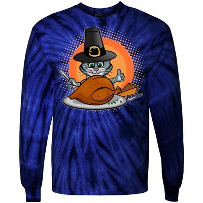 Cute Thanksgiving Happy Kitty Turkey Dinner Tie-Dye Long Sleeve Shirt