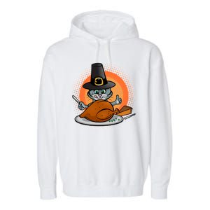 Cute Thanksgiving Happy Kitty Turkey Dinner Garment-Dyed Fleece Hoodie