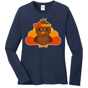 Cute Thanksgiving Little Turkey Girl Ladies Long Sleeve Shirt