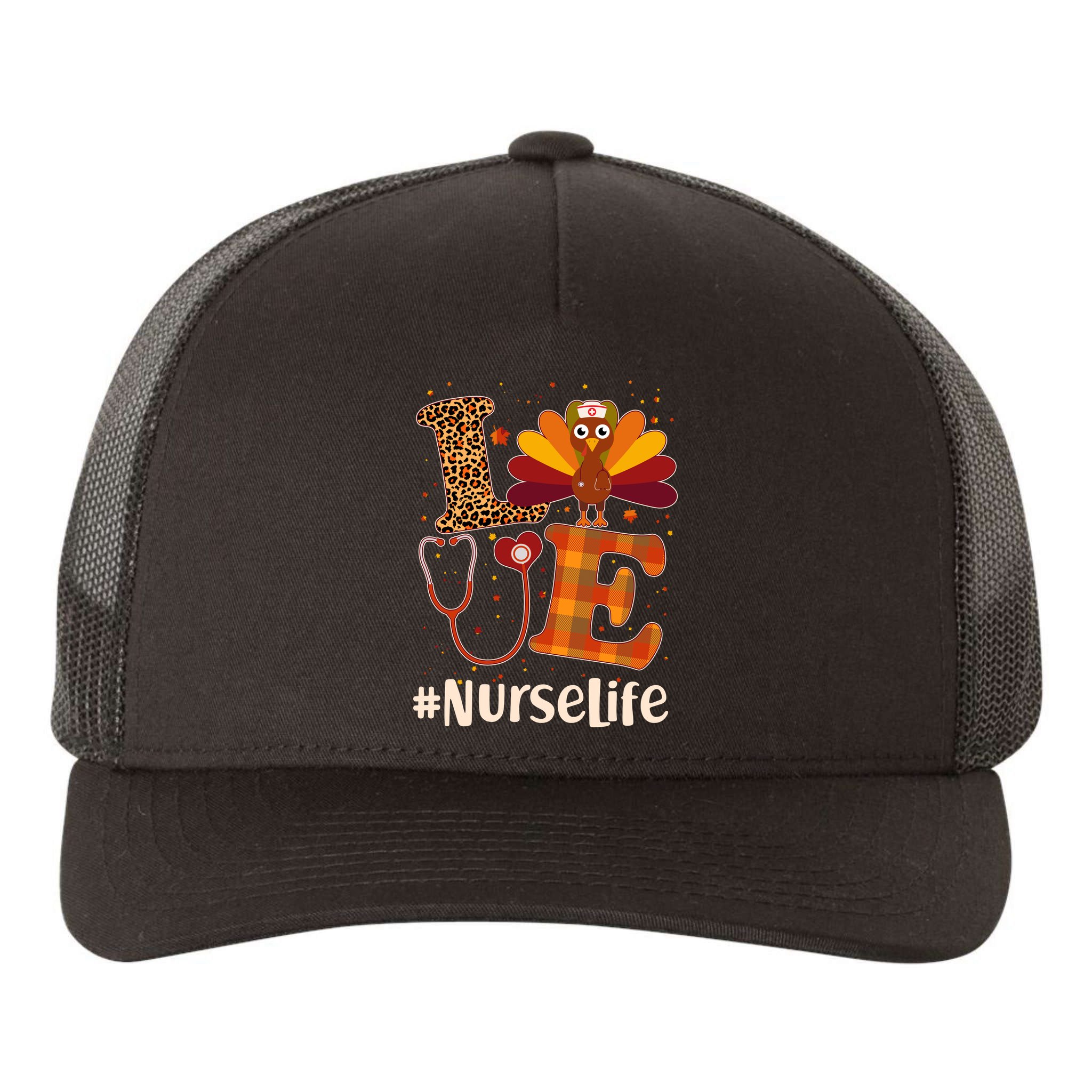 Cute Thanksgiving #NurseLife Fall Patterns Nurse Turkey Yupoong Adult 5-Panel Trucker Hat