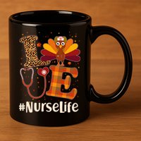 Cute Thanksgiving #NurseLife Fall Patterns Nurse Turkey 11oz C Handle Ceramic Mug