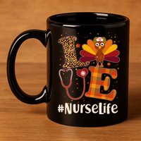 Cute Thanksgiving #NurseLife Fall Patterns Nurse Turkey 11oz C Handle Ceramic Mug