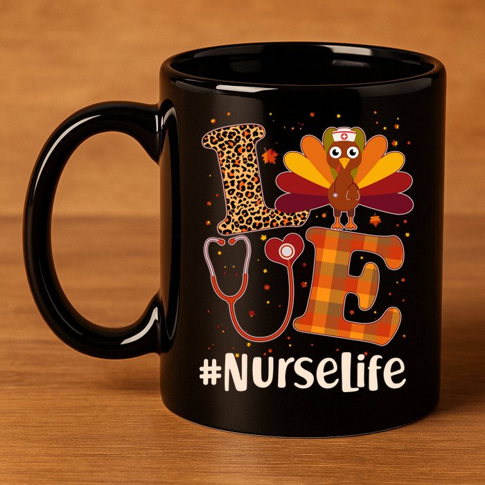Cute Thanksgiving #NurseLife Fall Patterns Nurse Turkey 11oz C Handle Ceramic Mug