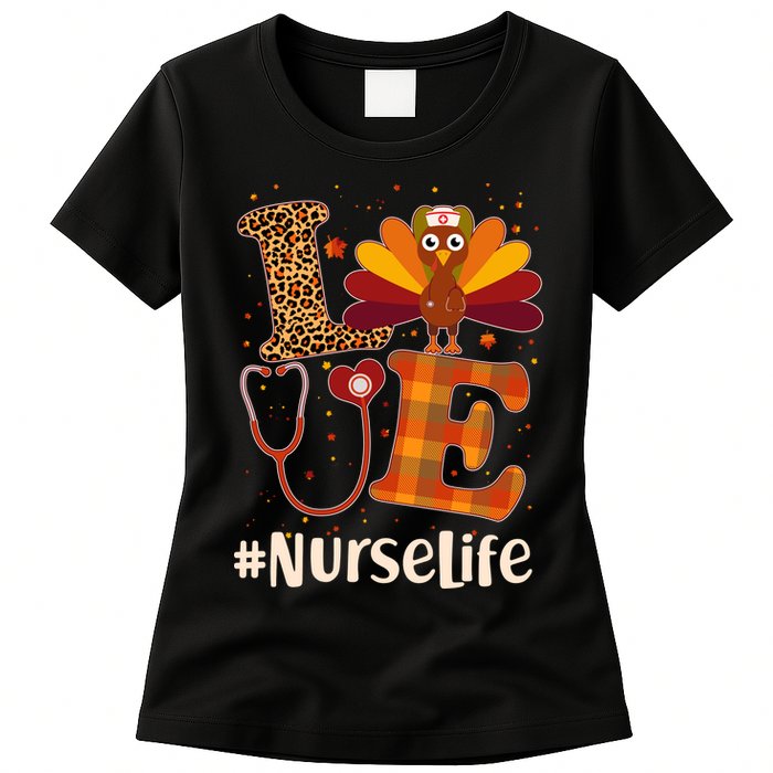 Cute Thanksgiving #NurseLife Fall Patterns Nurse Turkey Womens T-Shirt