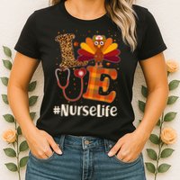Cute Thanksgiving #NurseLife Fall Patterns Nurse Turkey Womens T-Shirt