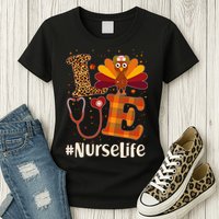 Cute Thanksgiving #NurseLife Fall Patterns Nurse Turkey Womens T-Shirt