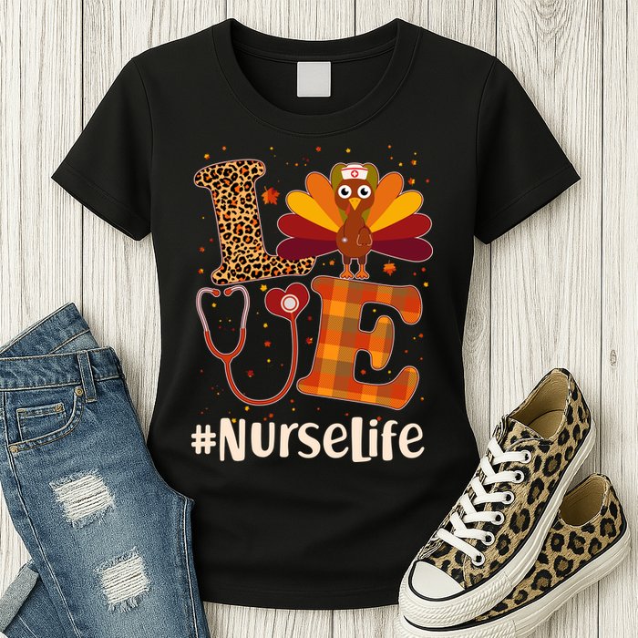 Cute Thanksgiving #NurseLife Fall Patterns Nurse Turkey Womens T-Shirt