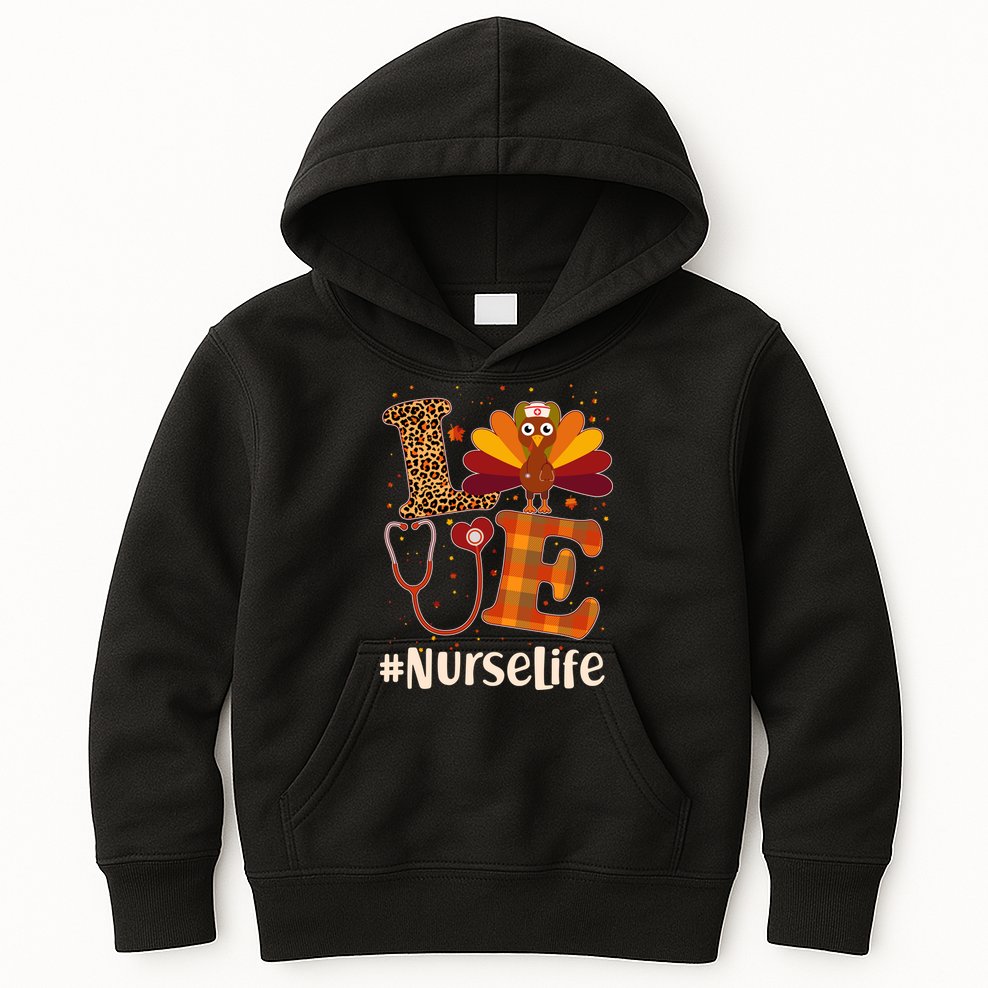 Cute Thanksgiving #NurseLife Fall Patterns Nurse Turkey Kids Hoodie