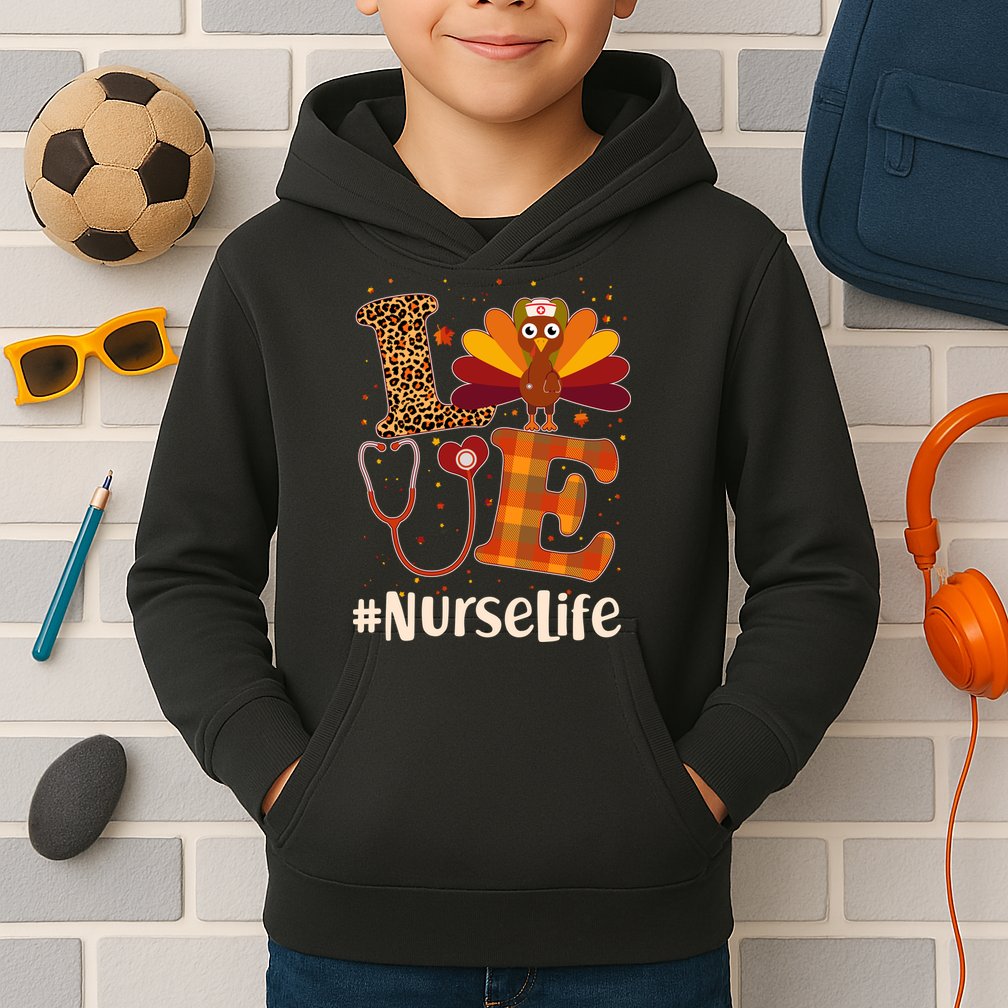 Cute Thanksgiving #NurseLife Fall Patterns Nurse Turkey Kids Hoodie