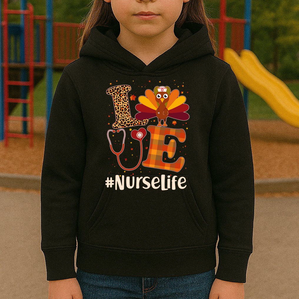Cute Thanksgiving #NurseLife Fall Patterns Nurse Turkey Kids Hoodie