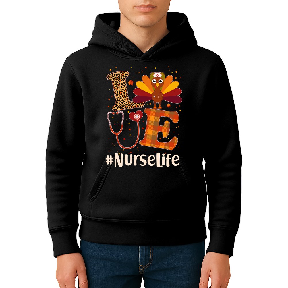 Cute Thanksgiving #NurseLife Fall Patterns Nurse Turkey Kids Hoodie