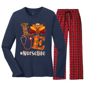 Cute Thanksgiving #NurseLife Fall Patterns Nurse Turkey Women's Long Sleeve Flannel Pajama Set 