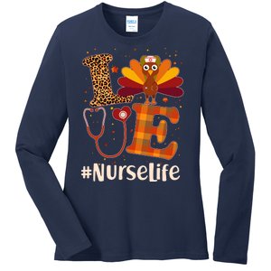 Cute Thanksgiving #NurseLife Fall Patterns Nurse Turkey Ladies Long Sleeve Shirt