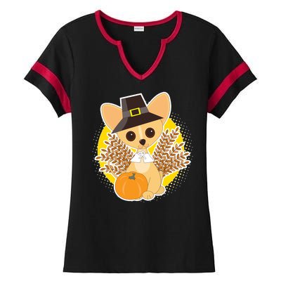 Cute Thanksgiving Pilgrim Puppy Ladies Halftime Notch Neck Tee