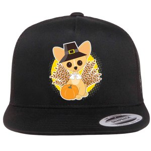 Cute Thanksgiving Pilgrim Puppy Flat Bill Trucker Hat