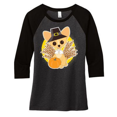 Cute Thanksgiving Pilgrim Puppy Women's Tri-Blend 3/4-Sleeve Raglan Shirt