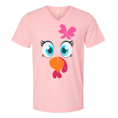 Cute Thanksgiving Turkey Girl Face Bow Tie V-Neck T-Shirt