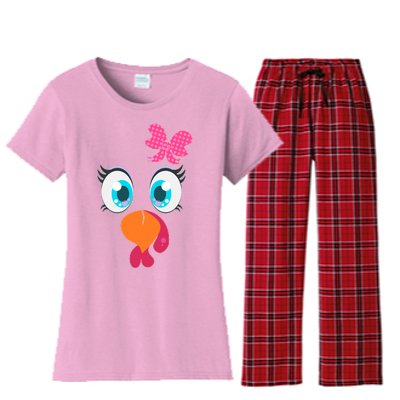 Cute Thanksgiving Turkey Girl Face Bow Tie Women's Flannel Pajama Set