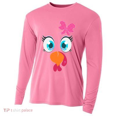 Cute Thanksgiving Turkey Girl Face Bow Tie Cooling Performance Long Sleeve Crew