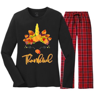 Cute Thanksgiving Unicorn Thankful Turkey Women's Long Sleeve Flannel Pajama Set 