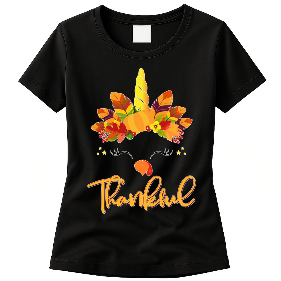 Cute Thanksgiving Unicorn Thankful Turkey Womens T-Shirt
