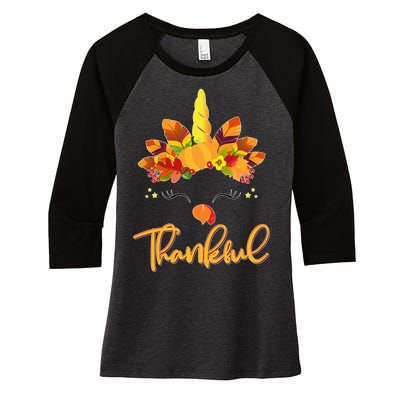 Cute Thanksgiving Unicorn Thankful Turkey Women's Tri-Blend 3/4-Sleeve Raglan Shirt