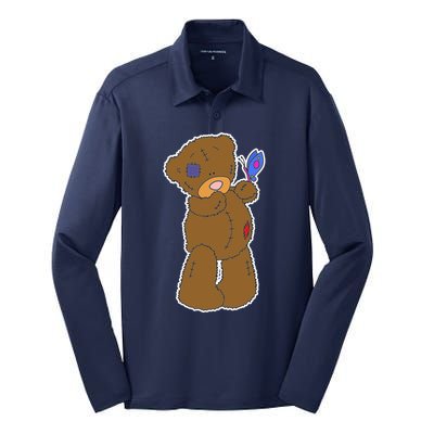 Cute Torn Teddy Bear Silk Touch Performance Long Sleeve Polo