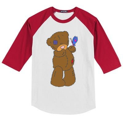 Cute Torn Teddy Bear Kids Colorblock Raglan Jersey