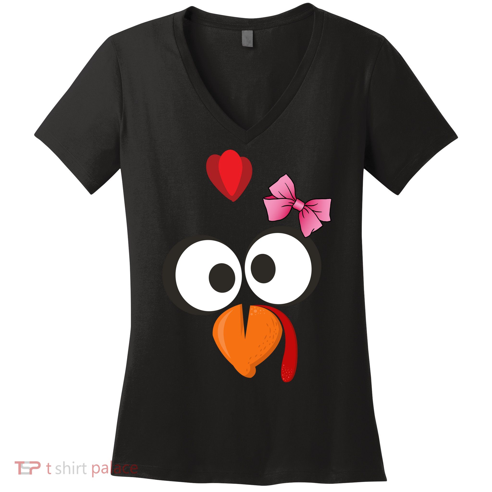 Cute Turkey Face Pink Bow Tie  Women's V-Neck T-Shirt