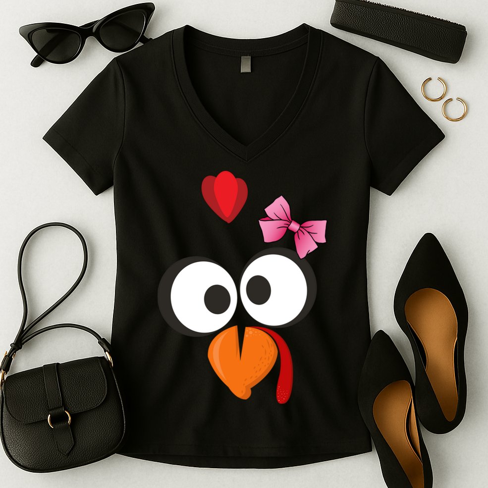 Cute Turkey Face Pink Bow Tie  Women's V-Neck T-Shirt