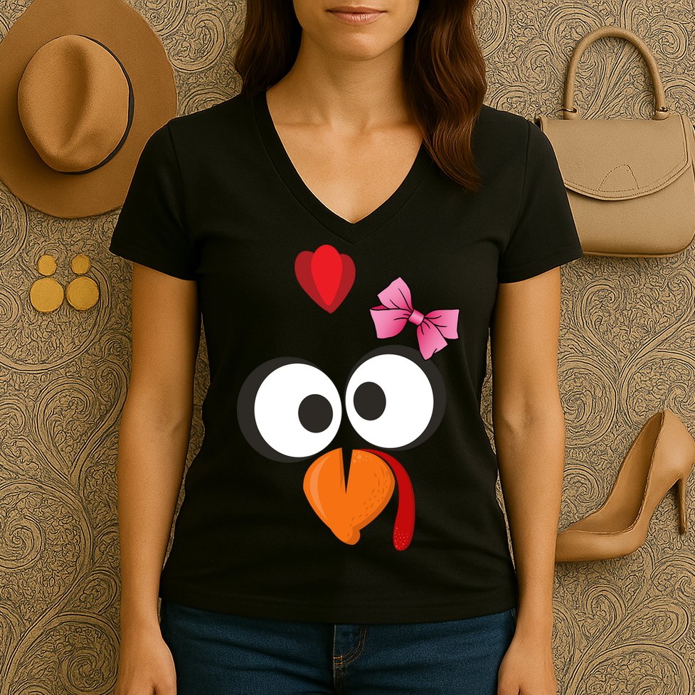 Cute Turkey Face Pink Bow Tie  Women's V-Neck T-Shirt