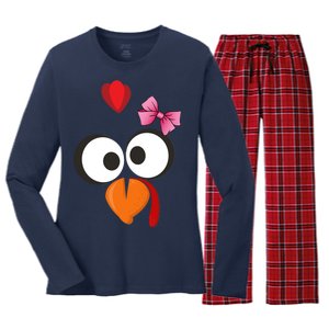 Cute Turkey Face Pink Bow Tie  Women's Long Sleeve Flannel Pajama Set 