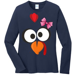 Cute Turkey Face Pink Bow Tie  Ladies Long Sleeve Shirt