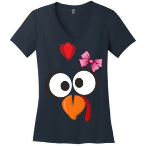 Cute Turkey Face Pink Bow Tie  Women's V-Neck T-Shirt