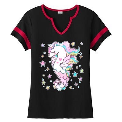 Cute Unicorn Seahorse Uni-Maid Ladies Halftime Notch Neck Tee