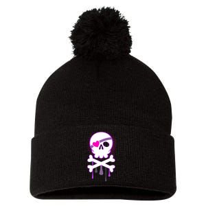 Cute Valentine Skull Eye Patch  Pom Pom 12in Knit Beanie