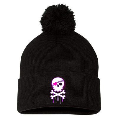 Cute Valentine Skull Eye Patch  Pom Pom 12in Knit Beanie
