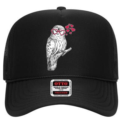 Cute Valentine's Day Heart Glasses Owl Love High Crown Mesh Back Trucker Hat