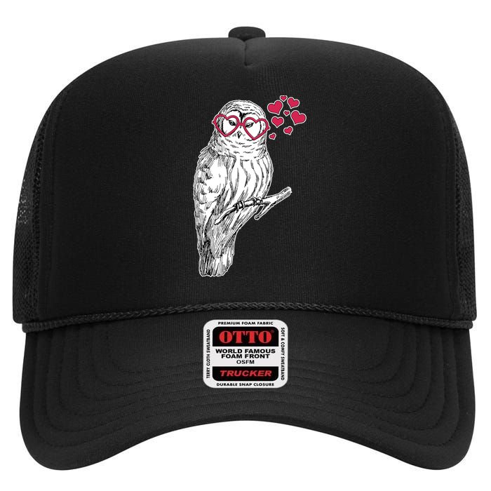 Cute Valentine's Day Heart Glasses Owl Love High Crown Mesh Back Trucker Hat