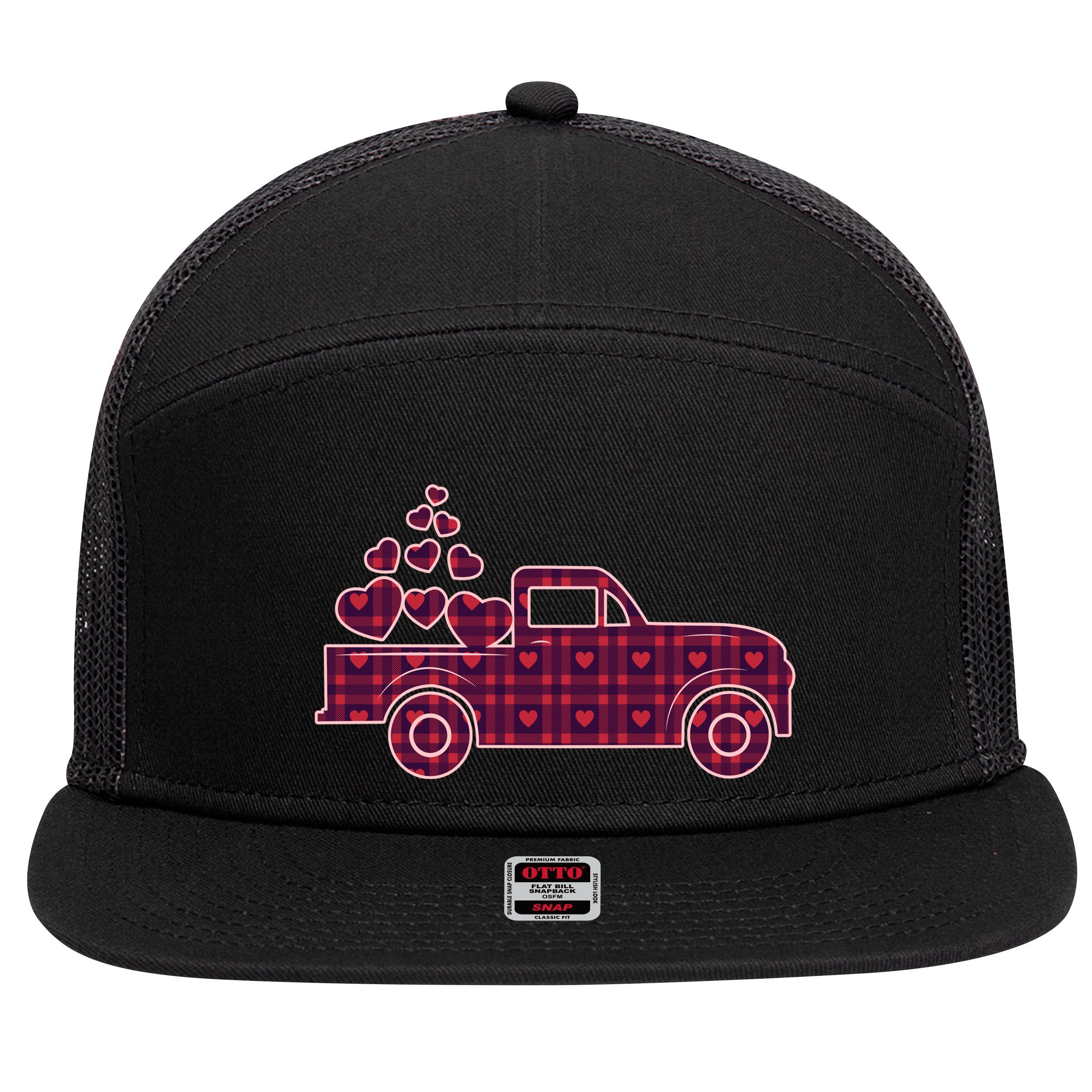 Cute Valentine's Day Plaid Pickup Truck With Hearts 7 Panel Mesh Trucker Snapback Hat